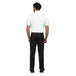 Men's merchant navy half sleeve shirt with flaps, view from the back, in pure white with black trousers.