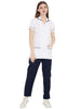 Women's white assistant apron and navy pant set in premium polycotton, featuring pockets and contrast piping.