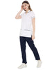 Women's nurse coat and pant set in white and navy, featuring half sleeves and pockets, made from premium polycotton.