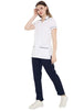 Women's nurse coat and pant set in white and navy, featuring half sleeves and pockets, made from premium polycotton.