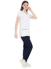 Women's half sleeve nurse apron coat and pant set in white and navy with pockets and premium fabric.