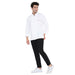 Model wearing a classic full sleeve white chef coat with black pants, showcasing stylish culinary workwear.