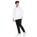 Model wearing a classic full sleeve white chef coat with black pants, showcasing stylish culinary workwear.