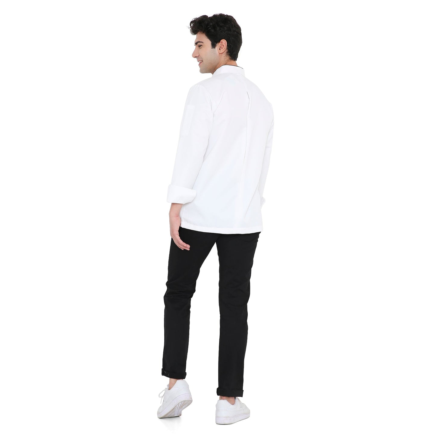 Back view of a man in a classic full sleeve chef coat paired with black pants, showcasing the design and fit.