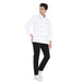 Model wearing a Classic Full Sleeve Chef Coat in white with black pants, showcasing durability and style for culinary professionals.