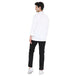 Model wearing a Classic Full Sleeve Chef Coat in white, showcasing the back design with black pants and white shoes.