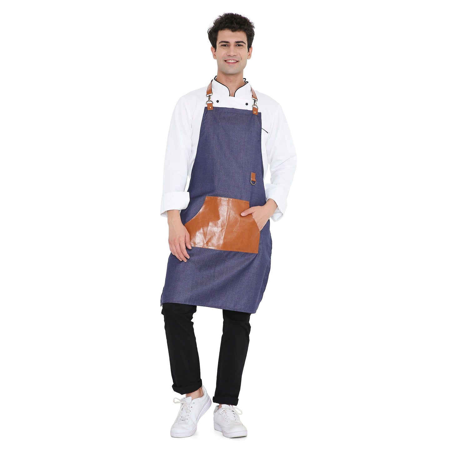 Premium blue leatherette kitchen apron with a large pocket, adjustable neck loops, stylish design for bar and cafe use.