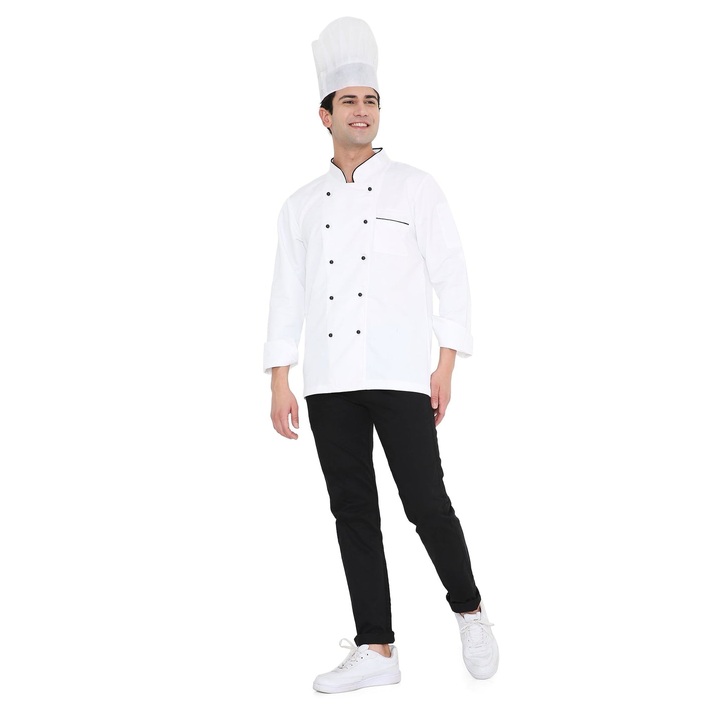 Male chef wearing a classic white chef coat with black accents and a chef hat, showcasing professional culinary attire.