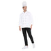 Male chef wearing a classic white chef coat with black accents and a chef hat, showcasing professional culinary attire.
