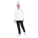 Male chef wearing a classic white chef coat with black accents and a chef hat, showcasing professional culinary attire.