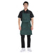 Dark green heavy quality kitchen apron on a smiling man, featuring adjustable neck loops and large storage pocket.