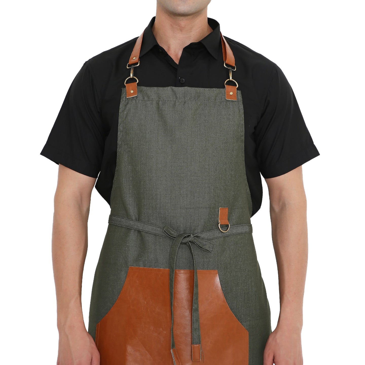Premium green leather apron with big pocket, brass buckle and stylish back tie for versatile kitchen use.