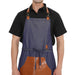 Premium leather apron in blue with brown pocket, adjustable neck straps, perfect for kitchen and cafe use.