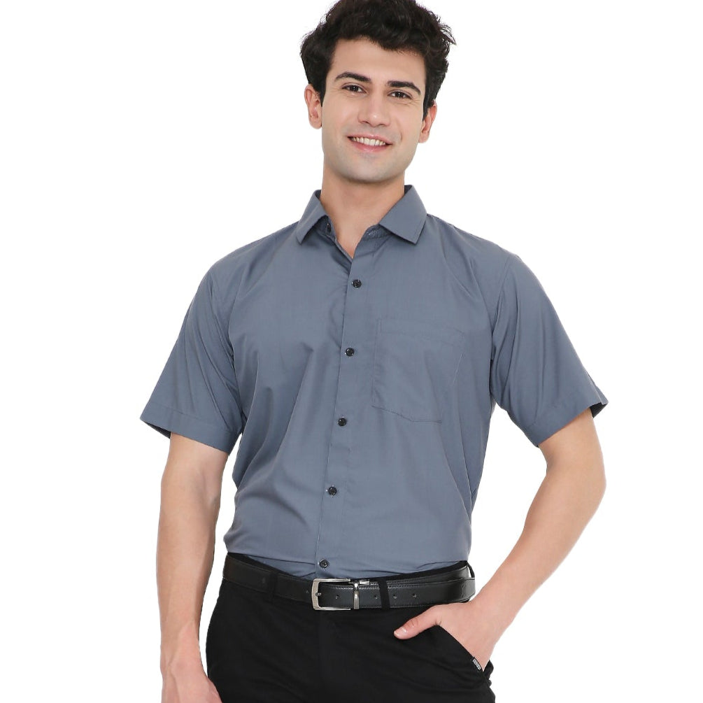 Men's grey half sleeve shirt with buttons, suitable for bartenders and hotel staff, featuring a single left pocket.