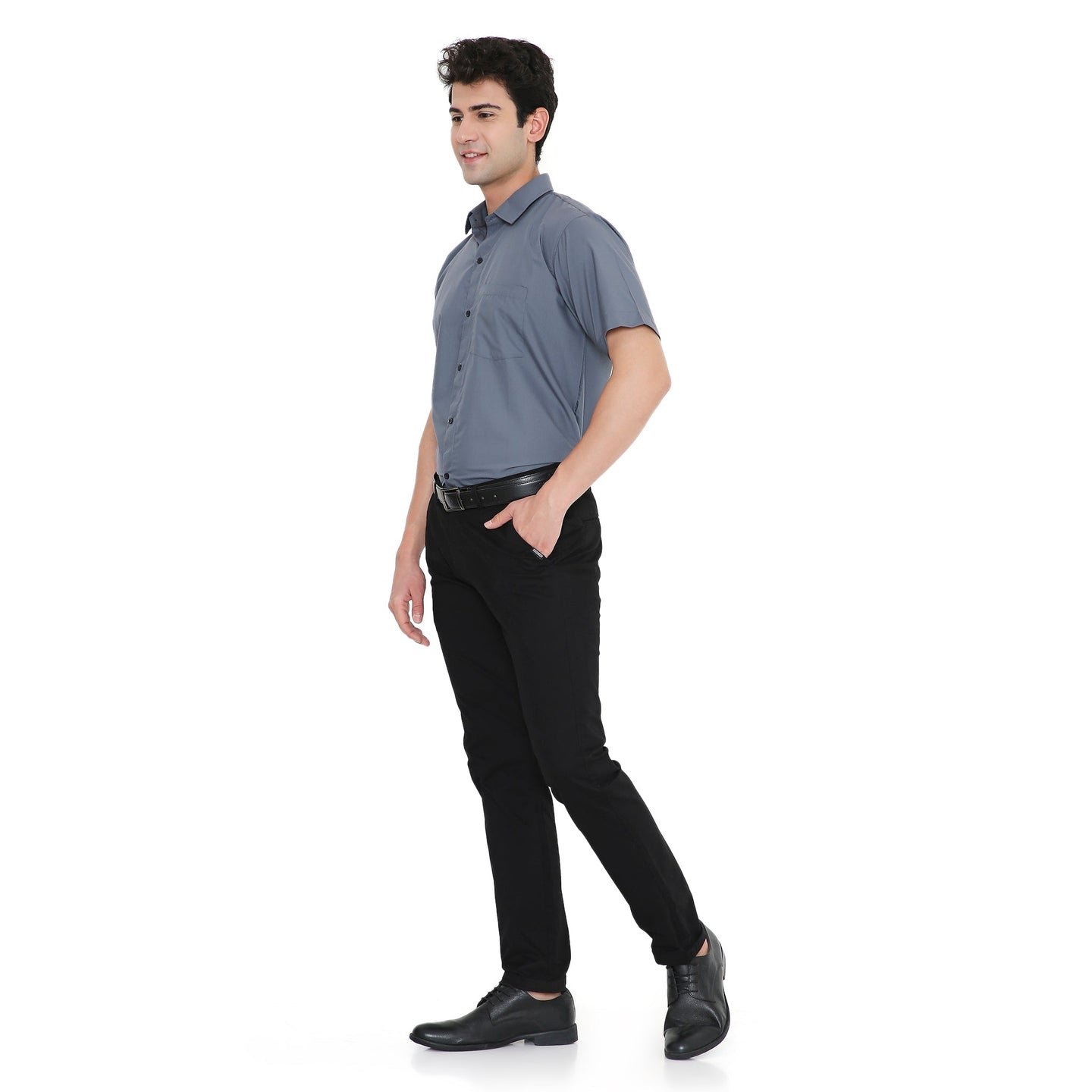 Men's half sleeve shirt in blue, ideal for service industry staff, featuring a slim fit and durable fabrics.