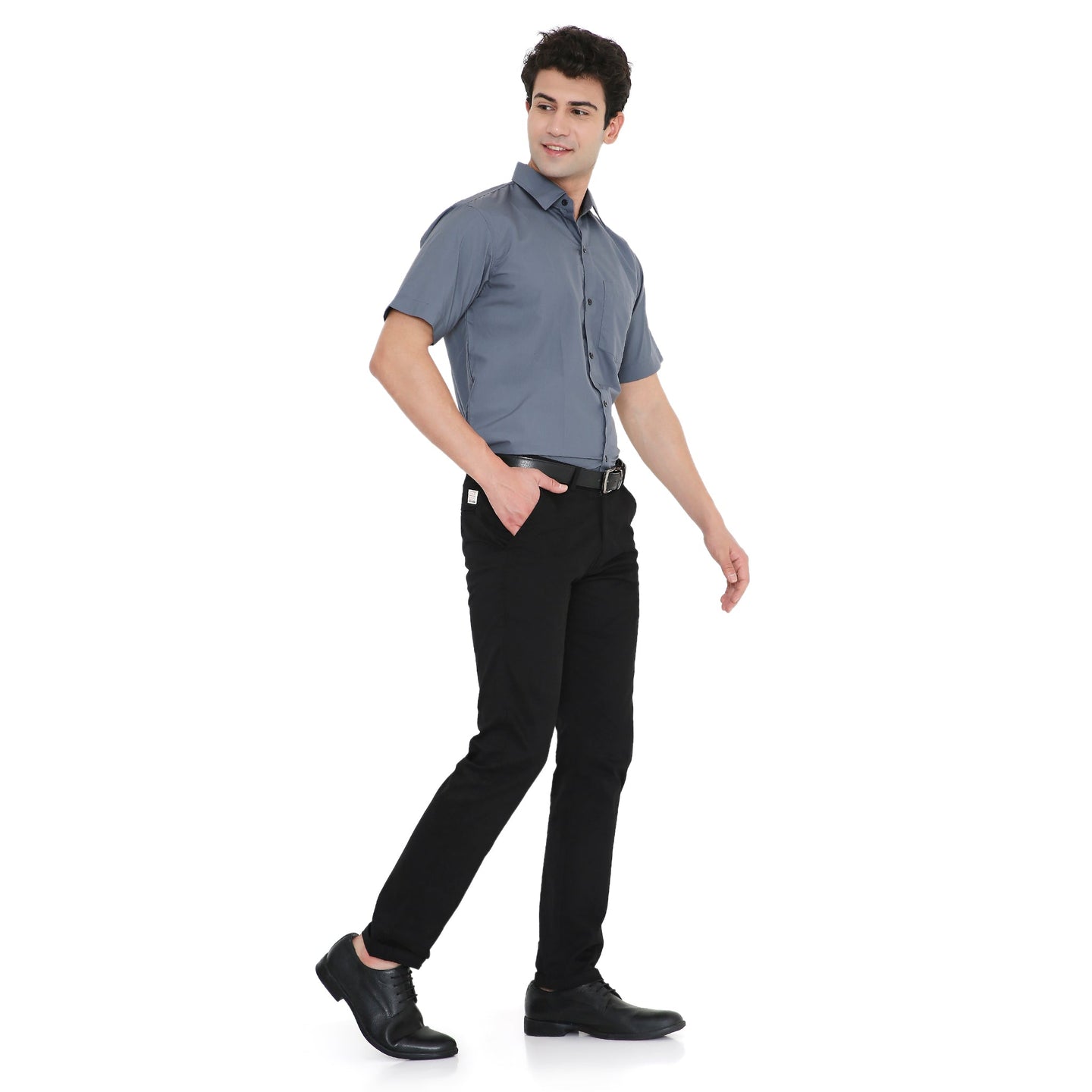 Men's half sleeve shirt in grey, worn with black pants, ideal for service staff and smart casual workwear.