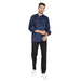 Navy blue full sleeve chef coat with cream piping, featuring french cuffs and knife pocket, worn by a chef.