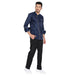 Navy blue full sleeve chef coat with cream piping, French cuffs, and buttons, worn by a model paired with black pants.