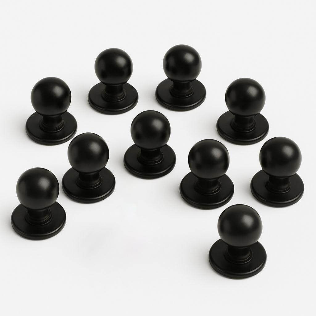Set of 10 black mushroom buttons for chef coats, featuring a sleek design and easy removal for customization.