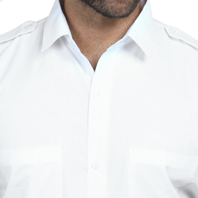 Men's Merchant Navy half sleeve shirt in pure white with double pockets and shoulder flaps, ideal for uniforms.