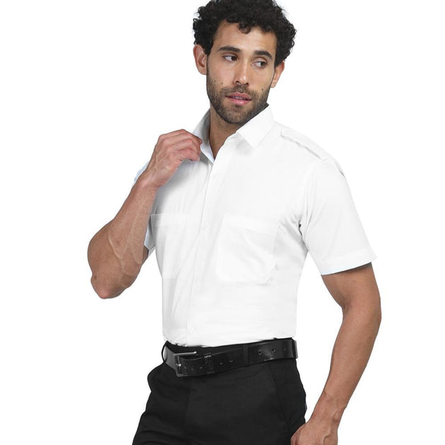 Men's Merchant Navy half sleeve shirt in pure white with double pockets and shoulder flaps, ideal for work uniforms.