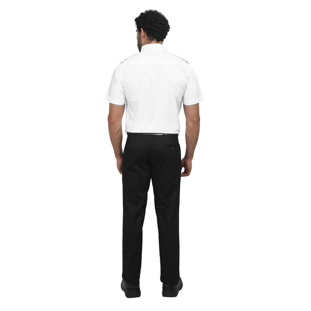 Men's merchant navy half sleeve shirt with flaps, view from the back, in pure white with black trousers.