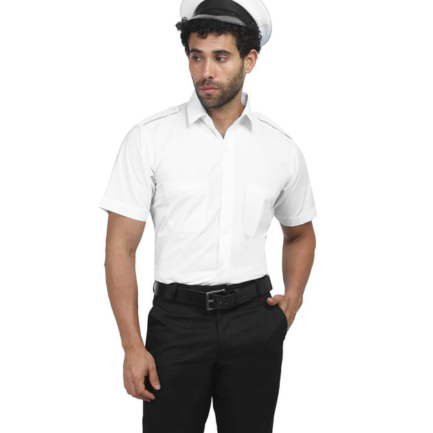 Men's Merchant Navy half sleeve white shirt with flaps and double pockets, perfect for uniforms and professional wear.