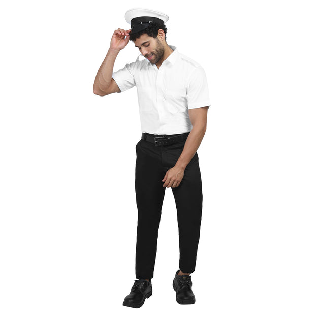 Man in Merchant Navy half sleeve white shirt with flaps, promoting professional workwear style and durability.