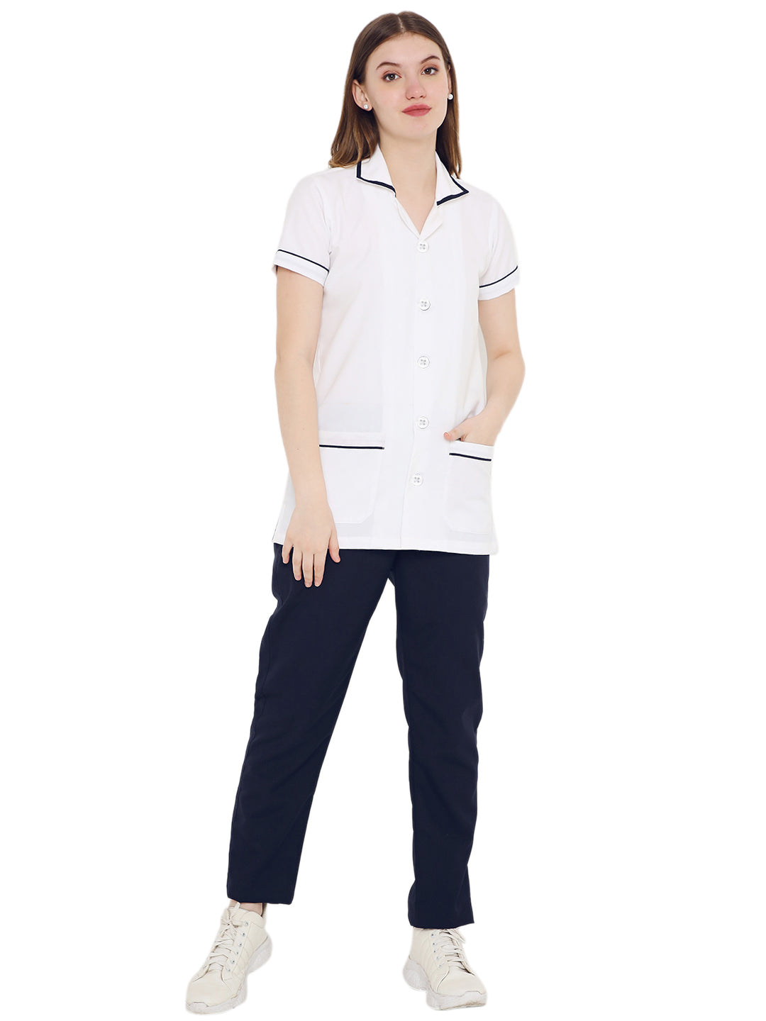 Women's white assistant apron and navy pant set in premium polycotton, featuring pockets and contrast piping.