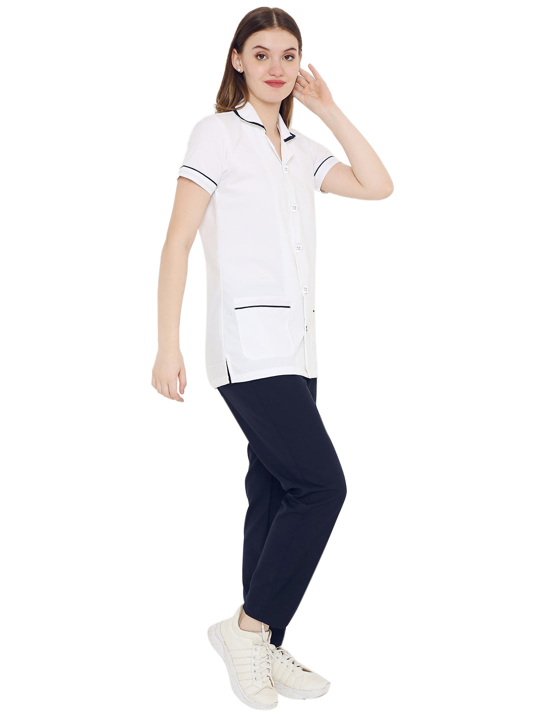 Women's half sleeve nurse apron coat and pant set in white and navy with pockets and premium fabric.