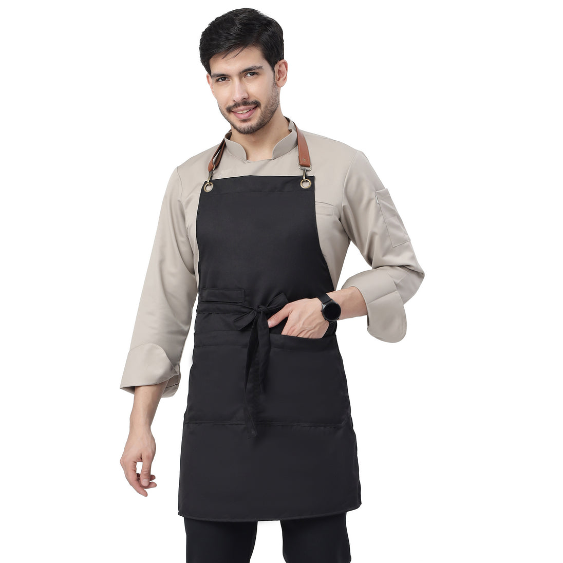 UWEARS CLASSIC BLACK KITCHEN APRON WITH BROWN LEATHER STRAP WITH ADJUSTMENT LOOP/BUCKLE