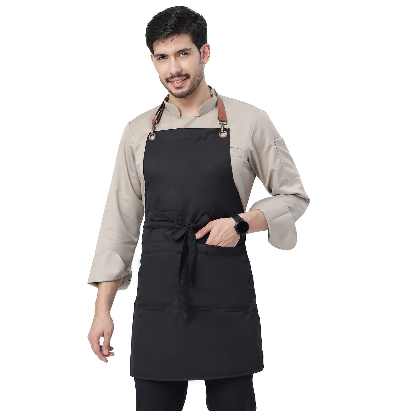UWEARS CLASSIC BLACK KITCHEN APRON WITH BROWN LEATHER STRAP WITH ADJUSTMENT LOOP/BUCKLE