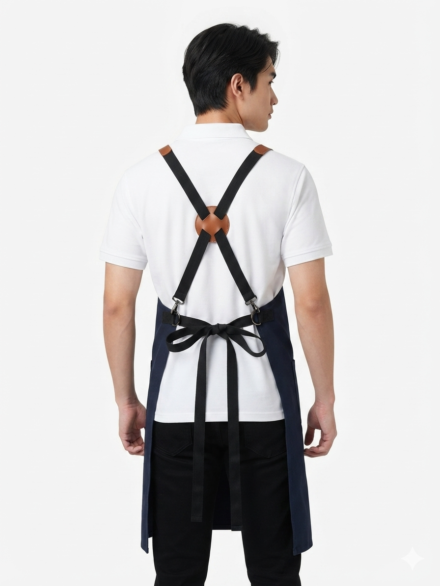 Back view of the Raymond Navy denim CrossBack apron showing tan leatherite X-shaped cross-back straps with brass buckle
