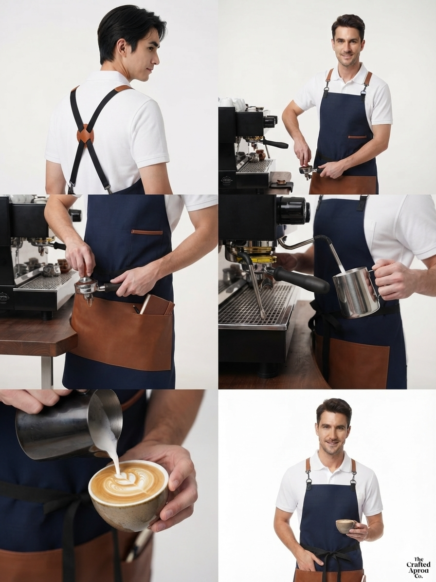 Barista wearing the Raymond Navy denim CrossBack apron with leather strap while making coffee at a bar