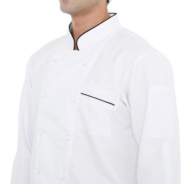 Classic full sleeve white chef coat with black accents, featuring double-breasted design and knife pocket for culinary professionals.