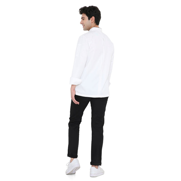 Back view of a man in a classic full sleeve chef coat paired with black pants, showcasing the design and fit.
