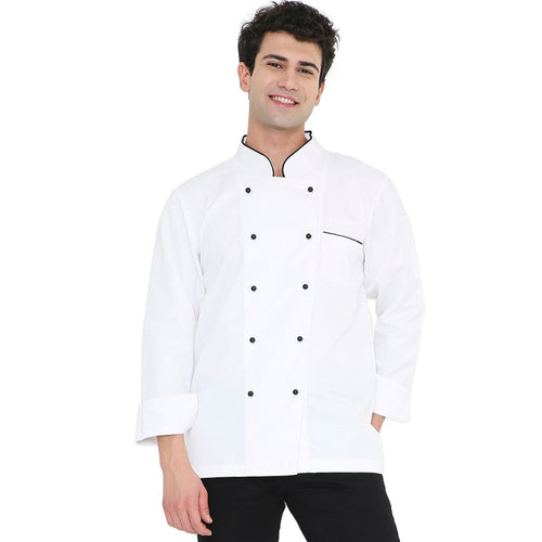 Unisex Classic Full Sleeve Chef Coat in white with black trim, featuring double-breasted buttons and a knife pocket.