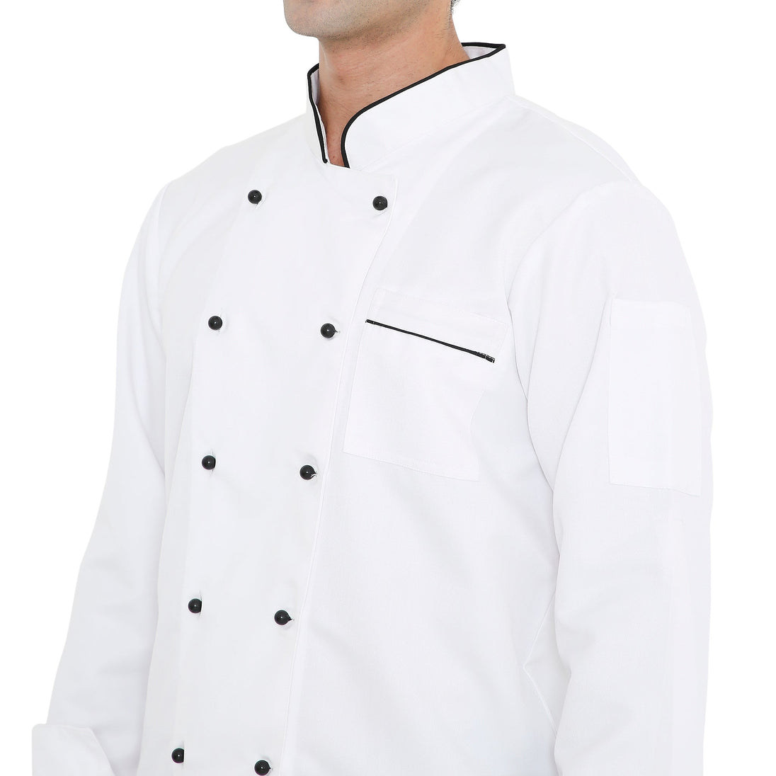 Model wearing a classic white full sleeve chef coat with black buttons and piping, showcasing the durable design.