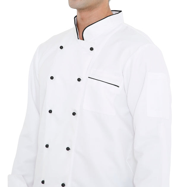 Model wearing a classic white full sleeve chef coat with black buttons and piping, showcasing the durable design.