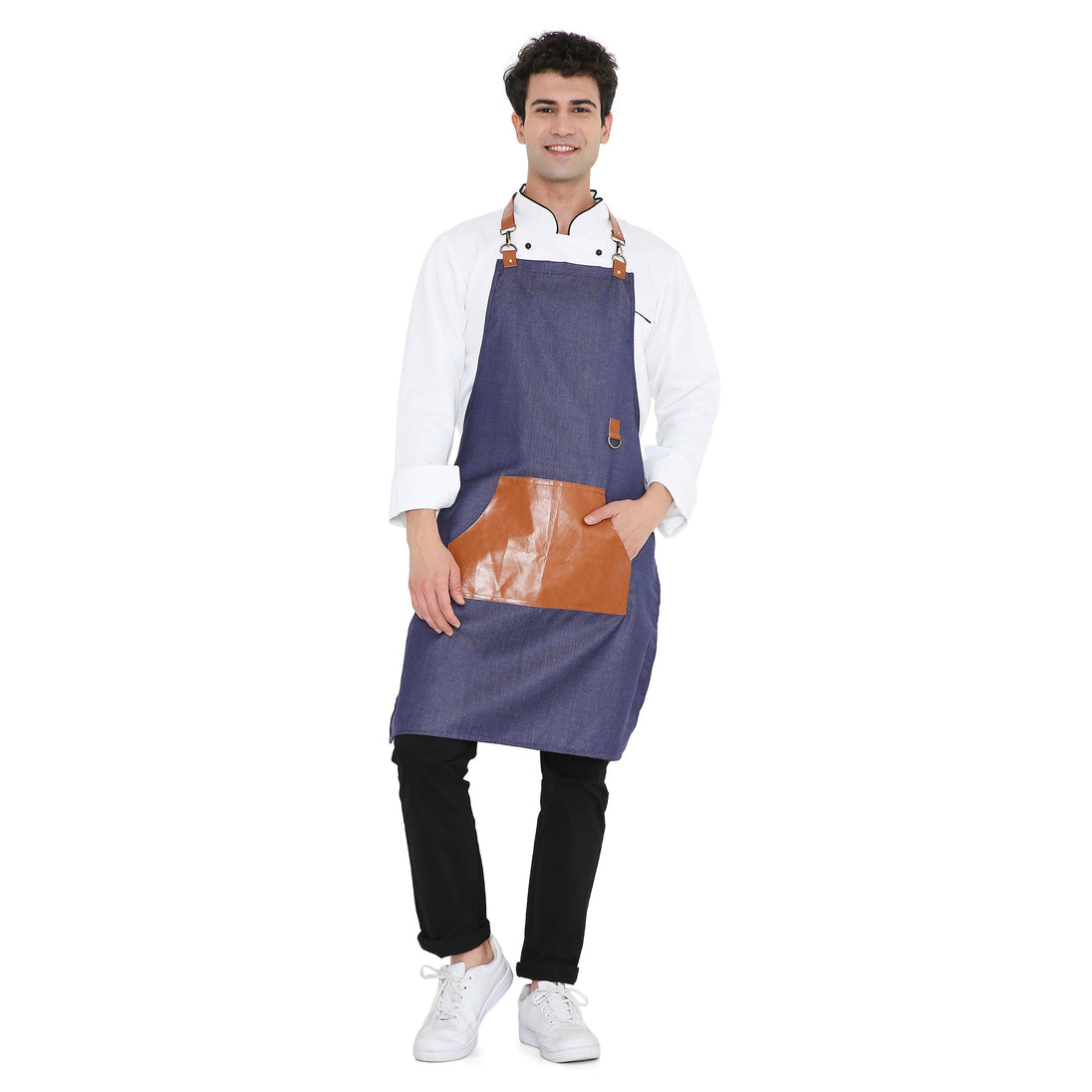 Premium blue leatherette kitchen apron with a large pocket, adjustable neck loops, stylish design for bar and cafe use.