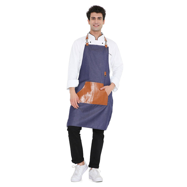 Premium blue leatherette kitchen apron with a large pocket, adjustable neck loops, stylish design for bar and cafe use.