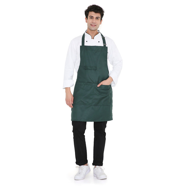 Classic dark green kitchen apron with big pocket and adjustable neck loops, perfect for cooking and multipurpose use.