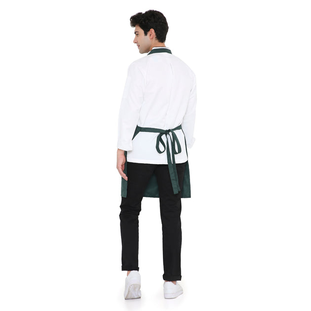 Man wearing Classic Dark Green Kitchen Apron, adjustable neck strap, back tie, and large pocket, suitable for various kitchen tasks.