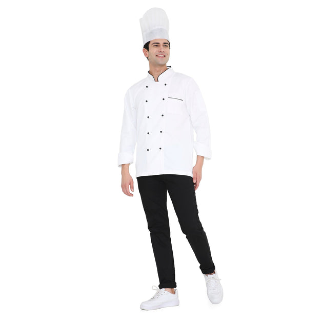 Male chef wearing a classic white chef coat with black accents and a chef hat, showcasing professional culinary attire.