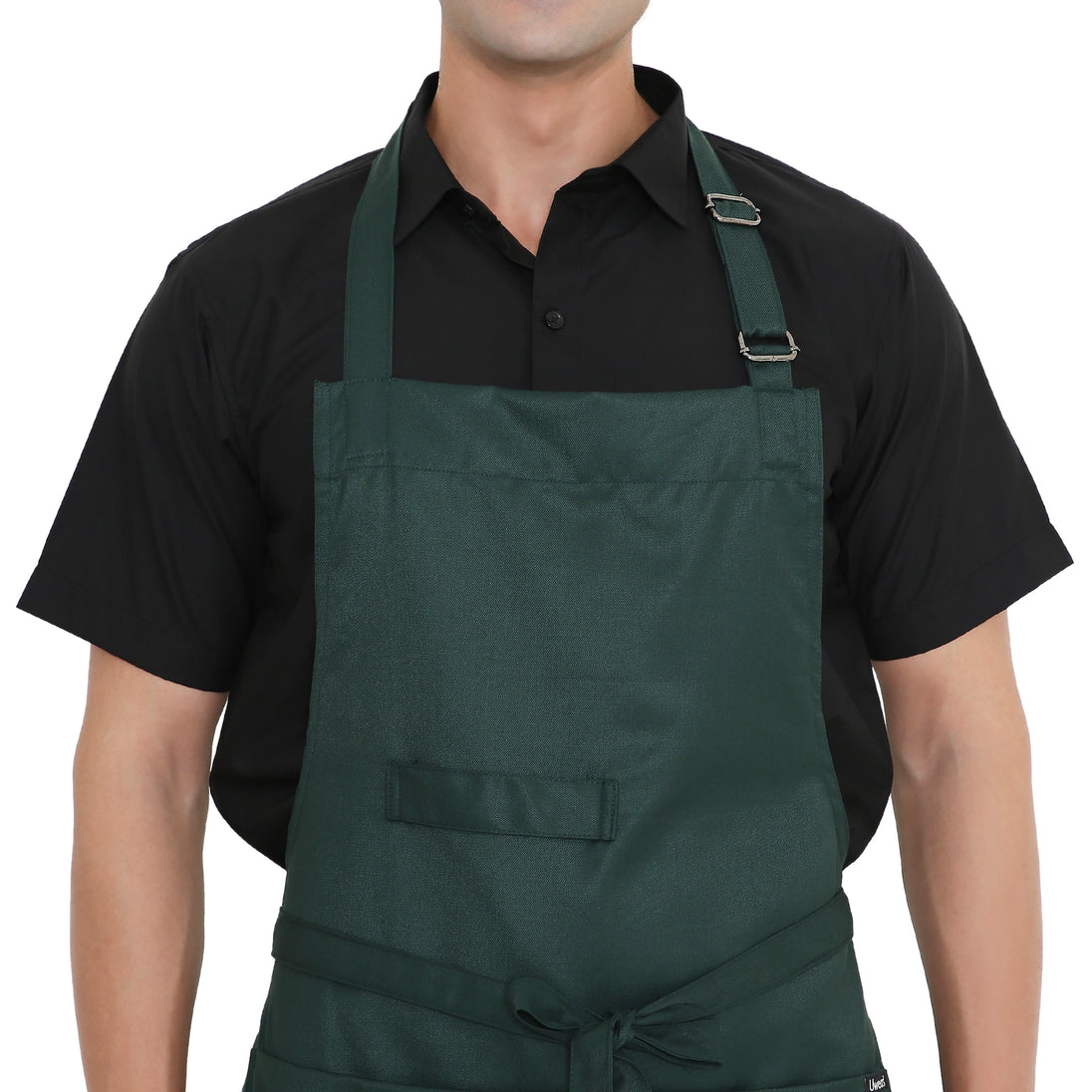 Dark green heavy quality kitchen apron with adjustable neck loop and front pocket for storage.