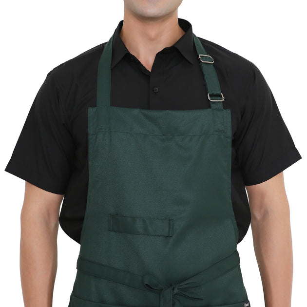 Dark green heavy quality kitchen apron with adjustable neck loop and front pocket for storage.