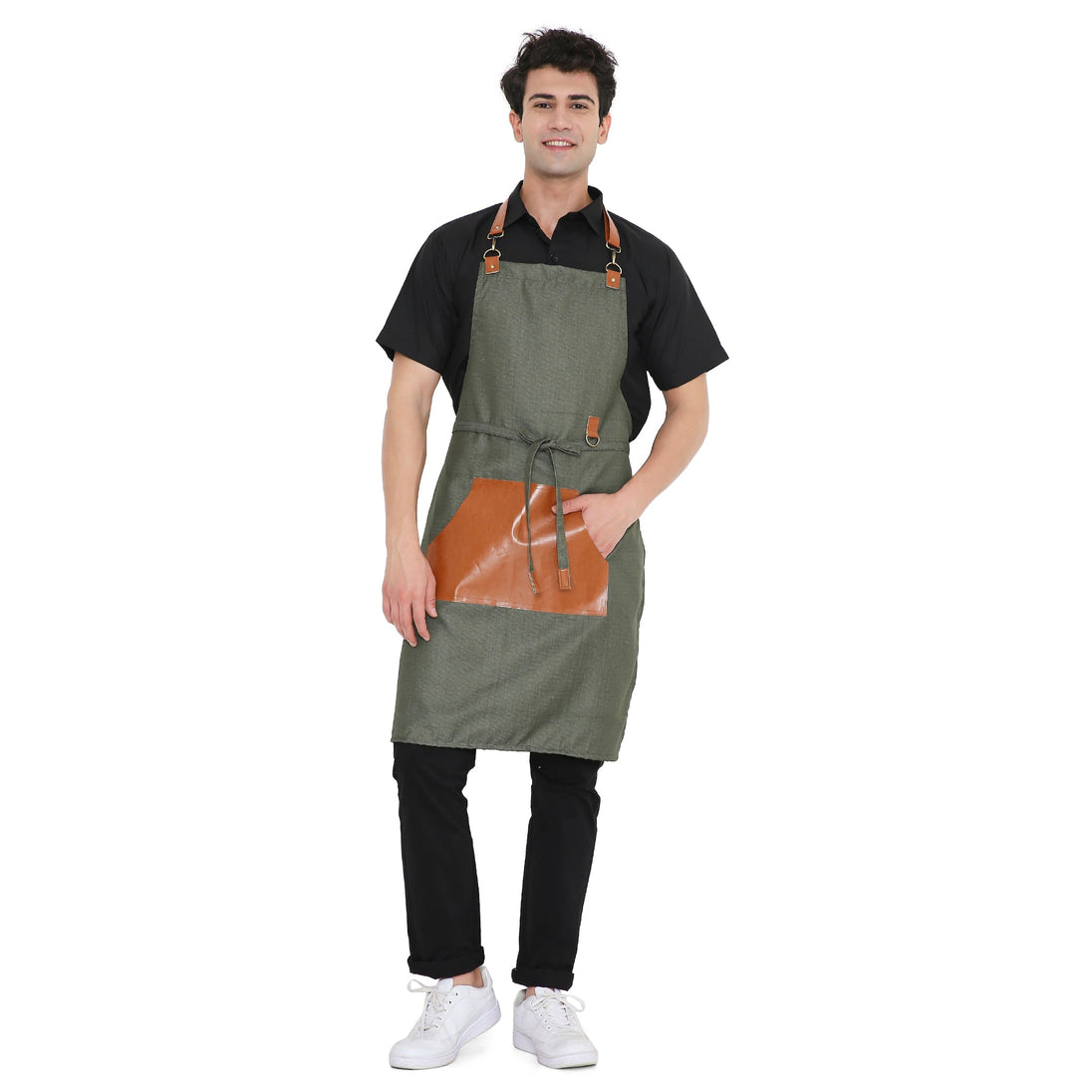 Man wearing a premium green leatherette apron with a large brown pocket, perfect for kitchen and bar use.