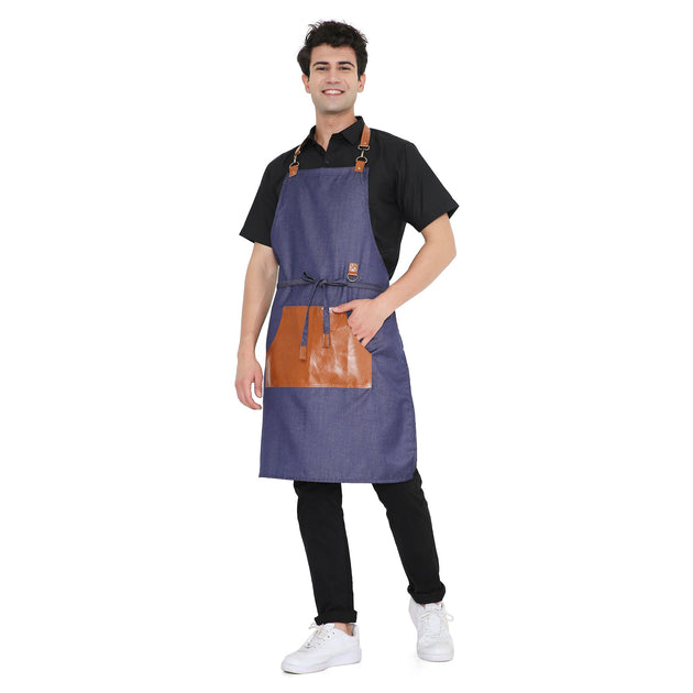 Premium blue leather apron with big pocket, adjustable brass buckle, and stylish design for kitchen and bar use.