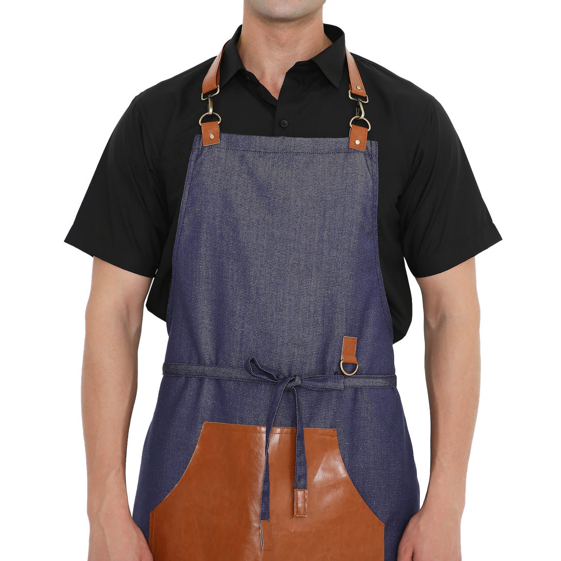 Premium leather apron in blue with brown pocket, adjustable neck straps, perfect for kitchen and cafe use.