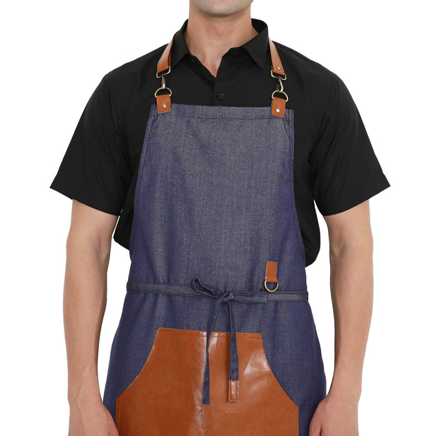 Premium leather apron in blue with brown pocket, adjustable neck straps, perfect for kitchen and cafe use.